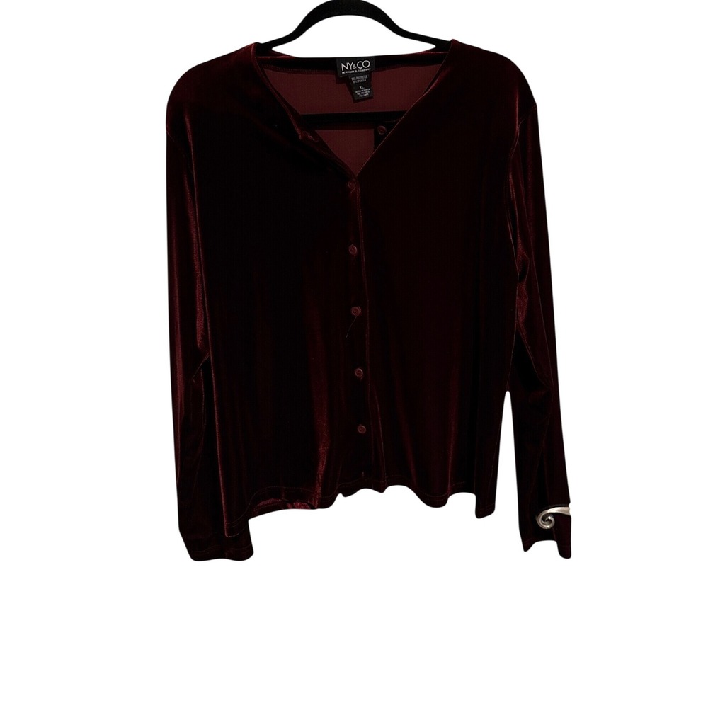 NY&CO Women XL Burgundy Velvet Button Front Cardigan Long Sleeve Top V-Neck Goth